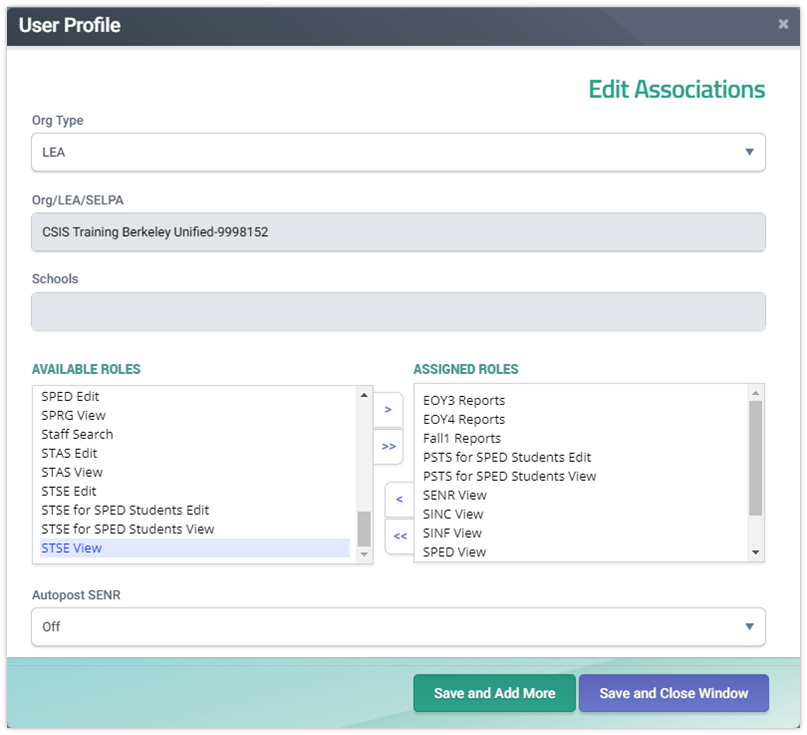 SPED User Roles modal