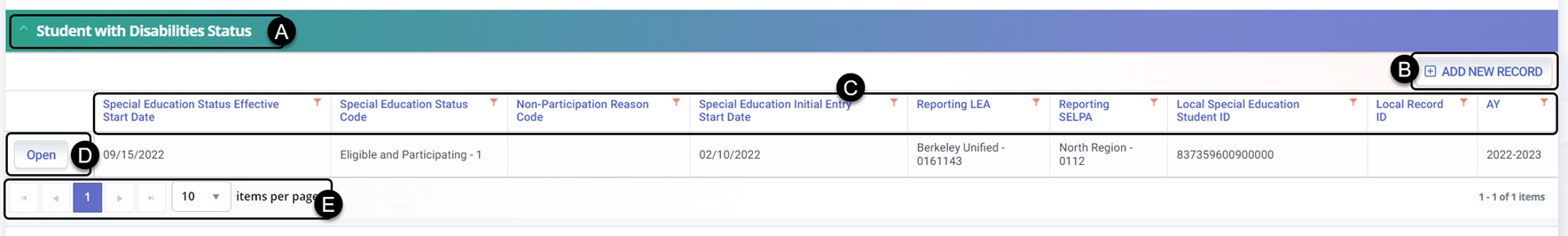 The **Student Special Education (SPED)** page displays when the user clicks the container header. The system will display a button next to each record to open the record in read-only. The UI is depicted below followed by its screen elements table. Following by user interaction section and the system operations section with the additional expected system functions, requirements and possible processes. The system will display all Student Special Education Program records by default in reverse chronological order.