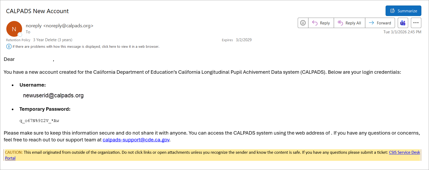 Check email inbox for new account info and password'
